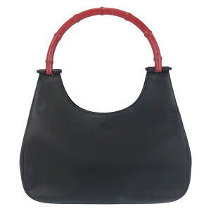 Gucci Shoulder Black Leather Bag Red Bamboo Hobo